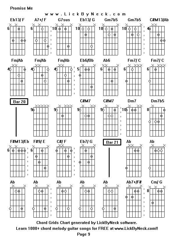 Chord Grids Chart of chord melody fingerstyle guitar song-Promise Me,generated by LickByNeck software.